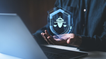 Man hand holding ai with scales hologram, artificial intelligence in law concept