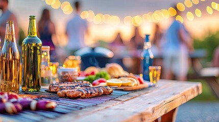 Outdoor party scene with various drinks and appetizing food on a wooden table.