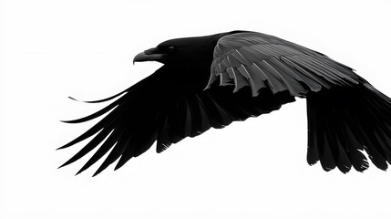 Majestic black raven in flight against white backdrop