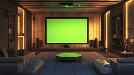 A modern home theater with a large flat-screen TV displaying a green screen, surrounded by soundproof walls. 