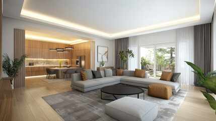 Modern living room and dining area with sofa Concept of modern design solutions