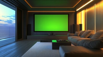 Fototapeta premium A modern home theater with a large flat-screen TV displaying a green screen, surrounded by soundproof walls. 