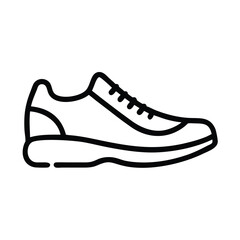 Running shoe outline icon in black and white, Simple black and white outline icon of a running shoe, representing fitness, sports, and active lifestyle, isolated on a white background.