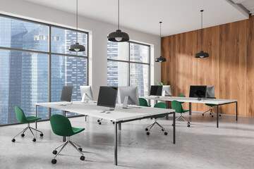 Modern coworking office space with city view windows and wooden wall. 3D Rendering