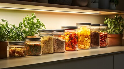 Minimalist kitchen corner with floating shelves and hidden lighting, glass jars filled with colorful ingredients, small plants arranged between jars for a modern and functional aesthetic. --ar 16:9