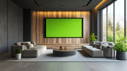 A modern home theater with a large wall-mounted TV displaying a green screen, with theater seating in front.