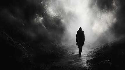 Fototapeta premium A lone figure walks towards a bright light in a dark and stormy landscape.