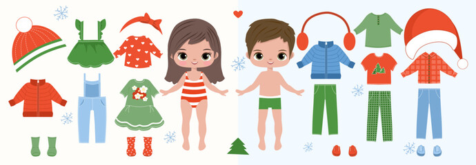 Paper doll clothes.Cute girl with clothes set, collection. Fashion girl, boy . Dress up stickers. Vector illustration. Baby doll, children, kids play, toy, game, activity. Cutouts, cut out. Christmas