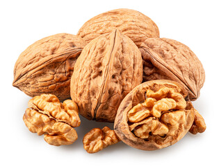 Whole walnuts and walnut kernels isolated on white background. Clipping path.