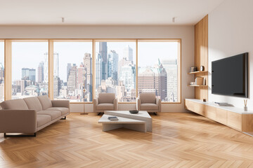 Modern Living Room with City View. 3D Rendering