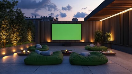 A modern rooftop cinema with beanbag seating, a projector displaying a green screen