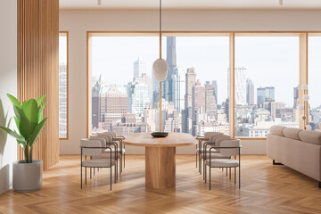 Dining room with wooden table, chairs, plant, and large windows showcasing a cityscape. Minimalist interior design. 3D Rendering