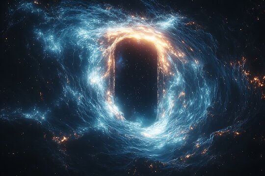 A cosmic portal swirls with blue and orange energy, opening a path to the unknown depths of space.