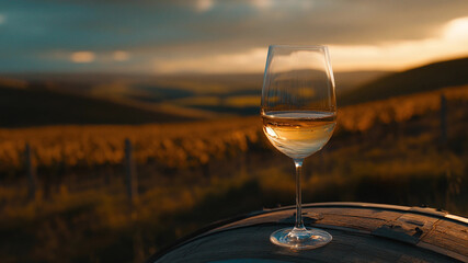 Obraz premium Savoring White Wine in a Scenic Countryside Setting. A glass of white wine resting on a weathered barrel embodies the essence of relaxation in the countryside. 