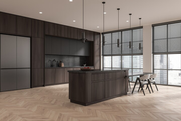 Modern kitchen interior with dark wood cabinets and island. 3D Rendering