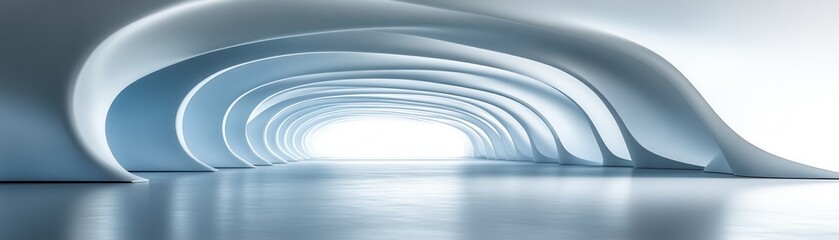 Obraz premium A modern, abstract tunnel with smooth curves and a bright, illuminating light at the end, creating a peaceful and futuristic ambiance.