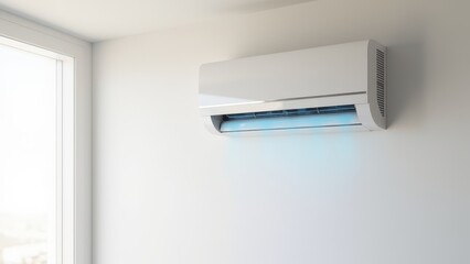 Wall-mounted split system AC with parts of an home ac system, visible airflow refreshing a bright, clean space