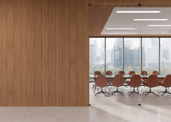Fototapeta premium Spacious conference room with leather chairs, large windows overlooking cityscape, wood-paneled walls, corporate meeting concept. 3D Rendering.