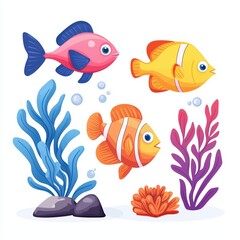 Naklejka premium Colorful fish swimming among vibrant underwater plants, white isolate background.