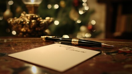 Elegant Pen on Table with Christmas Lights Background