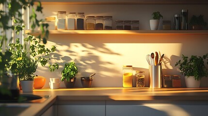 Minimalist kitchen corner with warm under-cabinet lighting, carefully placed spice jars and cooking tools, creating a clutter-free, elegant aesthetic with soft shadows and clean lines. --ar 16:9