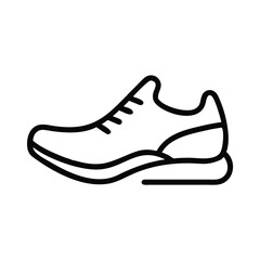 Running shoe outline icon in black and white, Simple black and white outline icon of a running shoe, representing fitness, sports, and active lifestyle, isolated on a white background.