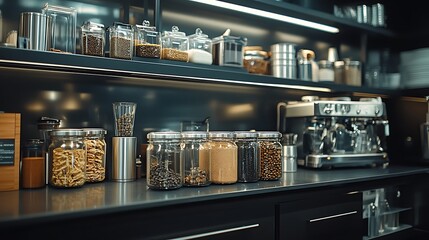 Minimalist kitchen nook with dark metallic shelves, subtle lighting highlighting glass storage jars and metal containers, arranged with precision for a polished, modern feel. --ar 16:9