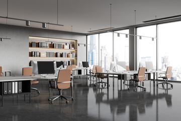 Spacious modern office interior with open space layout, featuring desks, chairs, and computers, in a cityscape background. 3D Rendering