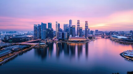 Obraz premium City skyline at dusk reflecting in the water, vibrant colors, urban landscape.