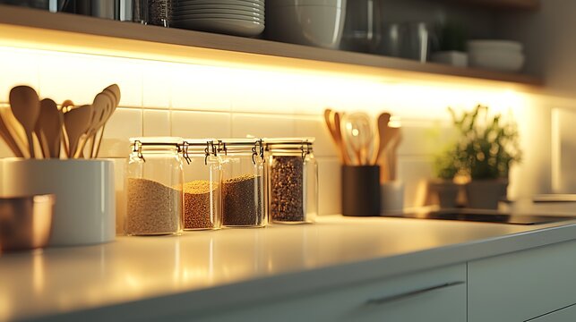 Minimalist kitchen nook with soft, gentle lighting under cabinets, glass spice jars arranged neatly, brushed metal utensils, and a smooth white counter creating a fresh, clean space. --ar 16:9