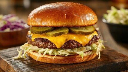 A delicious cheeseburger with a thick slice of cheddar, pickles