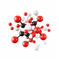 Colorful molecular model showcasing atoms in red, white, and black against a white isolated background.