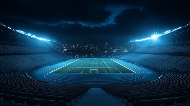 A modern stadium fully lit at night, with empty seats and the field in sharp focus, surrounded by darkness and city lights in the background -