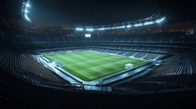 A modern stadium fully lit at night, with empty seats and the field in sharp focus, surrounded by darkness and city lights in the background -