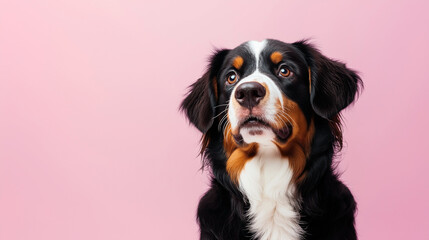 Fototapeta premium Portrait of a Bernese Mountain Dog looking upwards on a pink background, showcasing its tricolor coat and expressive eyes