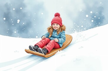 Kid is sledding down snow hill, child is having fun during the New Year holidays, it is snowing, Christmas trees in the background