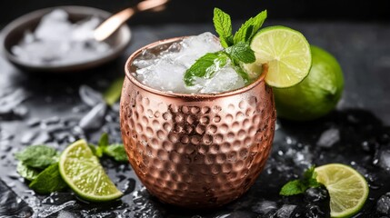 A Moscow mule in a copper mug with crushed ice, lime wedge, and mint leaves