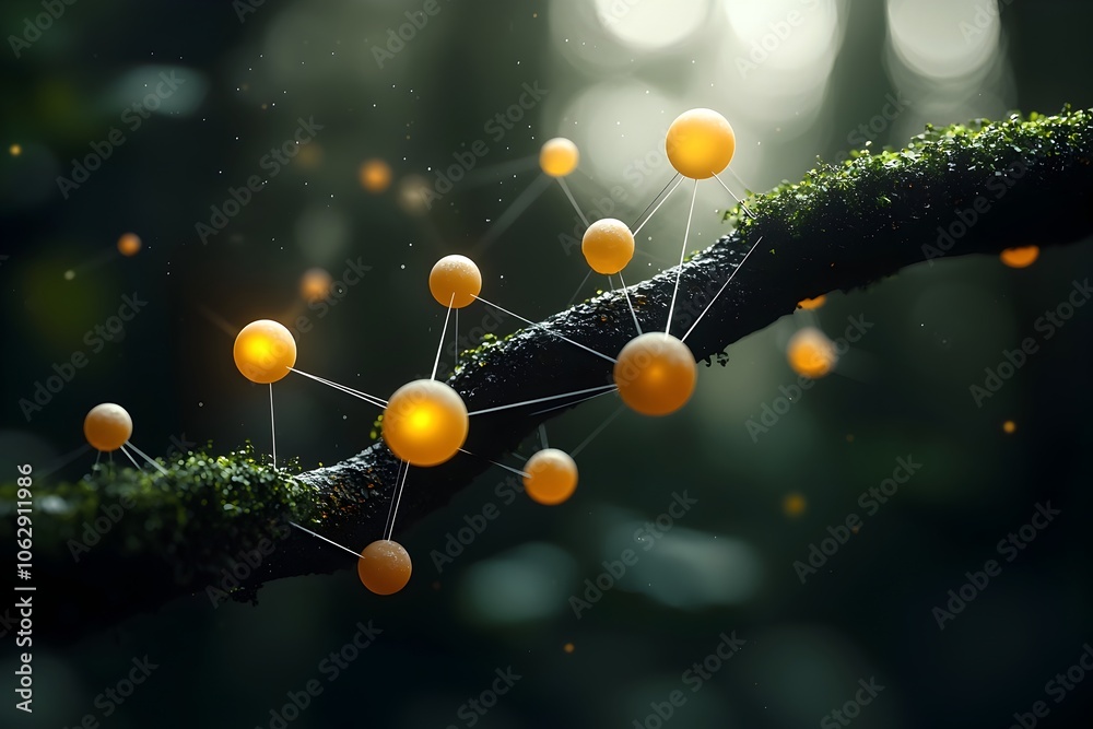Poster delicate molecular structure with glowing orbs and an intricate lattice framework showcasing etherea