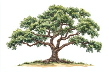 Detailed illustration of a majestic tree with lush foliage on a white isolated background.