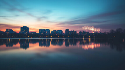 A minimalist capture of a city skyline with fireworks bursting in the sky, reflecting off a nearby lake.