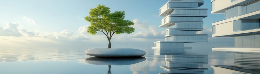 Fototapeta premium A serene landscape featuring a solitary tree on a rock with modern structures, reflecting tranquility and harmony in nature.