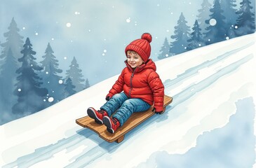 Kid is sledding down snow hill, child is having fun during the New Year holidays, it is snowing, Christmas trees in the background