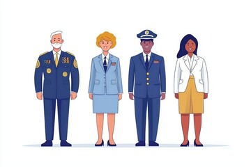Diverse professionals in uniforms, standing together on a white isolated background.