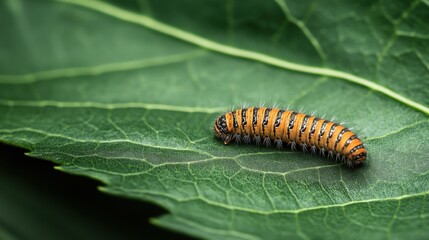 A close-up of a colorful caterpillar resting on a green leaf, highlighting its texture and vibrant color against the natural backdrop.