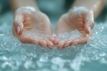 Woman's hands holding crushed ice, a symbol of freshness