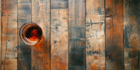 Aerial perspective of a whiskey glass resting on a weathered wooden tabletop, providing room for creative design elements.