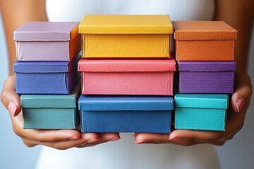 Hands holding a colorful stack of gift boxes.