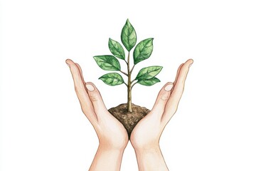 Hands nurturing a small plant, symbolizing care for nature, on a white isolated background.