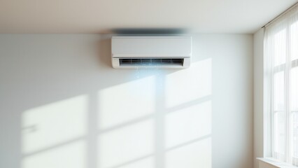 Ceiling-mounted split system unit with parts of an home ac system, fresh air flow in a minimalist, bright space