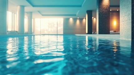 Fototapeta premium Modern two-story hotel design with a captivating turquoise blue swimming pool, perfect for relaxation and enjoyment. The hotel offers a luxurious atmosphere with ample photo style copy space.